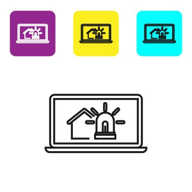 Akıllı ev ve beyaz arka plan üzerinde izole alarm simgesi ile Siyah hat Laptop. Akıllı evin güvenlik sistemi. Simgeleri renkli kare düğmeleri ayarlayın. Vektör İllüstrasyonu