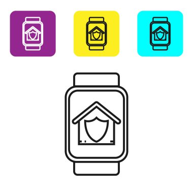 Beyaz arka planda izole koruma simgesi altında ev ile Siyah hat Smart saat. Koruma, güvenlik, güvenlik, koruma, savunma konsepti. Simgeleri renkli kare düğmeleri ayarlayın. Vektör İllüstrasyonu