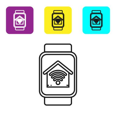 Beyaz arka planda izole wi-fi simgesi ile akıllı ev ile Siyah hat Smart saat. Uzaktan kumanda. Simgeleri renkli kare düğmeleri ayarlayın. Vektör İllüstrasyonu