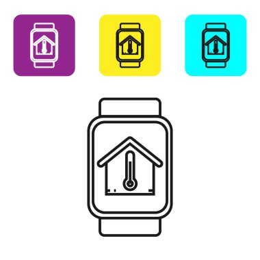 Beyaz arka planda izole edilmiş ev sıcaklığı simgesine sahip siyah hat Smart saat. Termometre simgesi. Simgeleri renkli kare düğmeleri ayarlayın. Vektör İllüstrasyonu