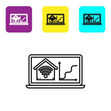 Beyaz arka plan üzerinde izole wi-fi simgesi ile akıllı ev ile Siyah hat Laptop. Uzaktan kumanda. Simgeleri renkli kare düğmeleri ayarlayın. Vektör İllüstrasyonu