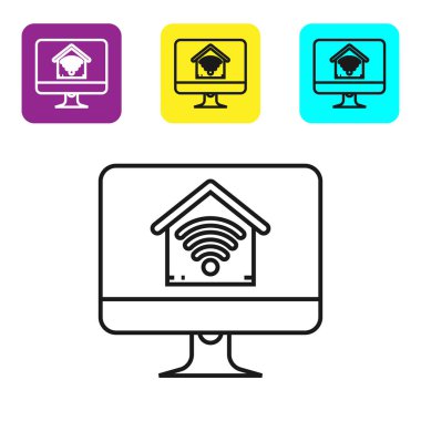 Beyaz arka plan üzerinde izole wi-fi simgesi ile akıllı ev ile Siyah hat Bilgisayar monitörü. Uzaktan kumanda. Simgeleri renkli kare düğmeleri ayarlayın. Vektör İllüstrasyonu