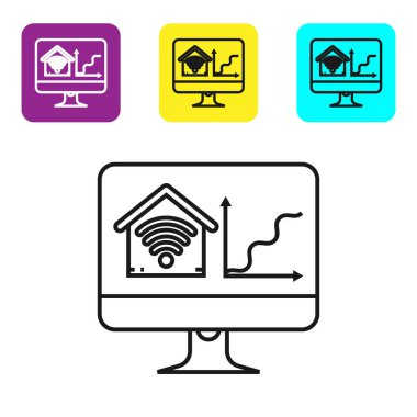 Beyaz arka plan üzerinde izole wi-fi simgesi ile akıllı ev ile Siyah hat Bilgisayar monitörü. Uzaktan kumanda. Simgeleri renkli kare düğmeleri ayarlayın. Vektör İllüstrasyonu