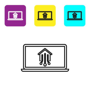 Beyaz arka planda izole edilmiş akıllı ev simgesine sahip siyah çizgi Dizüstü Bilgisayar. Uzaktan kumanda. Simgeleri renkli kare düğmeleri ayarlayın. Vektör İllüstrasyonu