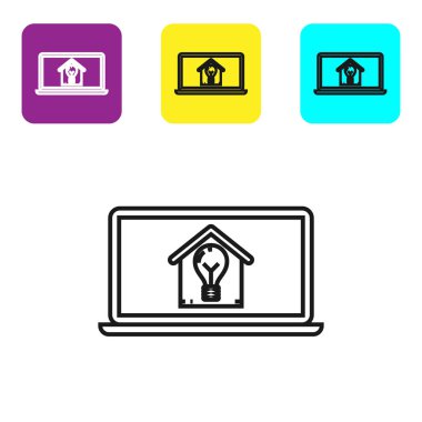 Akıllı ev ve ampul simgesi beyaz arka plan üzerinde izole ile Siyah hat Laptop. Simgeleri renkli kare düğmeleri ayarlayın. Vektör İllüstrasyonu