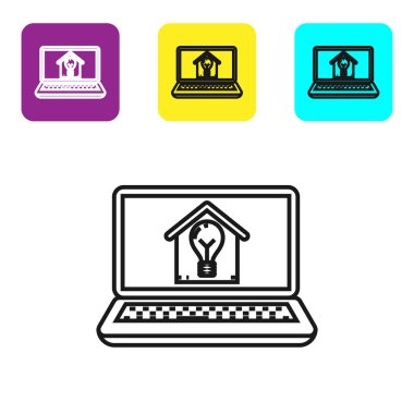 Akıllı ev ve ampul simgesi beyaz arka plan üzerinde izole ile Siyah hat Laptop. Simgeleri renkli kare düğmeleri ayarlayın. Vektör İllüstrasyonu
