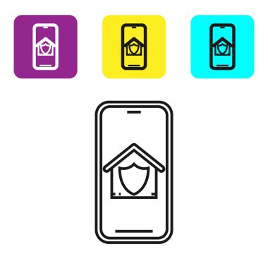 Beyaz arka plan üzerinde izole koruma simgesi altında ev ile Siyah hat Cep telefonu. Koruma, güvenlik, güvenlik, koruma, savunma konsepti. Simgeleri renkli kare düğmeleri ayarlayın. Vektör İllüstrasyonu