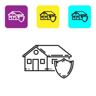 Siyah çizgi House beyaz arka plan üzerinde izole koruma simgesi altında. Koruma, güvenlik, güvenlik, koruma, savunma konsepti. Simgeleri renkli kare düğmeleri ayarlayın. Vektör İllüstrasyonu
