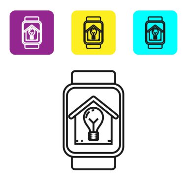 Akıllı ev ve beyaz arka plan üzerinde izole ampul simgesi ile Siyah hat Smart saat. Simgeleri renkli kare düğmeleri ayarlayın. Vektör İllüstrasyonu