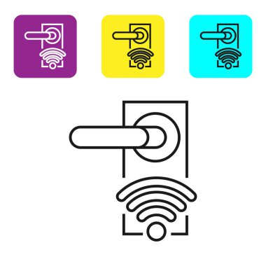 Beyaz arka planda yalıtılmış simge kilidini açmak için kablosuz teknolojiye sahip siyah hat Dijital kapı kilidi. Kapı kolu işareti. Güvenlik akıllı ev. Simgeleri renkli kare düğmeleri ayarlayın. Vektör İllüstrasyonu