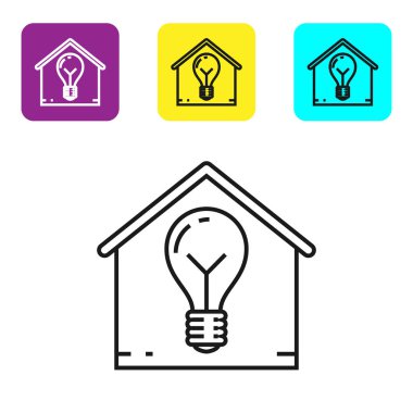 Siyah çizgi Akıllı ev ve ampul simgesi beyaz arka plan üzerinde izole. Simgeleri renkli kare düğmeleri ayarlayın. Vektör İllüstrasyonu