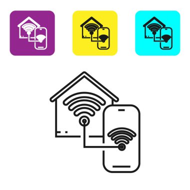 Beyaz arka plan üzerinde izole wi-fi simgesi ile Siyah hat Smart ev. Uzaktan kumanda. Simgeleri renkli kare düğmeleri ayarlayın. Vektör İllüstrasyonu