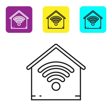 Beyaz arka plan üzerinde izole wi-fi simgesi ile Siyah hat Smart ev. Uzaktan kumanda. Simgeleri renkli kare düğmeleri ayarlayın. Vektör İllüstrasyonu