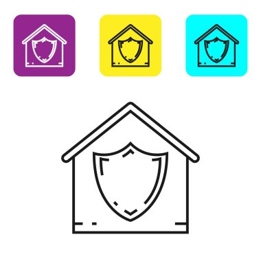 Siyah çizgi House beyaz arka plan üzerinde izole koruma simgesi altında. Koruma, güvenlik, güvenlik, koruma, savunma konsepti. Simgeleri renkli kare düğmeleri ayarlayın. Vektör İllüstrasyonu