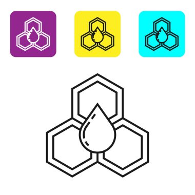 Siyah çizgi Petek simgesi beyaz arka plan üzerinde izole. Bal hücreleri sembolü. Tatlı doğal yemekler. Simgeleri renkli kare düğmeleri ayarlayın. Vektör İllüstrasyonu