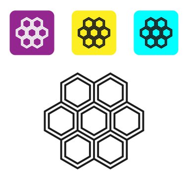 Siyah çizgi Petek simgesi beyaz arka plan üzerinde izole. Bal hücreleri sembolü. Tatlı doğal yemekler. Simgeleri renkli kare düğmeleri ayarlayın. Vektör İllüstrasyonu