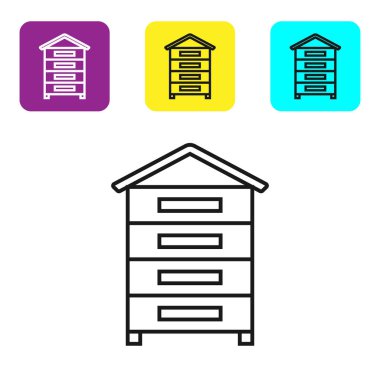 Beyaz arka planda izole arılar simgesi için siyah çizgi Hive. Arı kovanı sembolü. Apiary ve arıcılık. Tatlı doğal yemekler. Simgeleri renkli kare düğmeleri ayarlayın. Vektör İllüstrasyonu