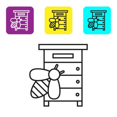 Beyaz arka planda izole arılar simgesi için siyah çizgi Hive. Arı kovanı sembolü. Apiary ve arıcılık. Tatlı doğal yemekler. Simgeleri renkli kare düğmeleri ayarlayın. Vektör İllüstrasyonu