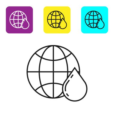 Beyaz arka plan üzerinde izole dünya simgesinin Siyah çizgi Petek haritası. Dünya arı günü. Kavram ekolojik olay. Simgeleri renkli kare düğmeleri ayarlayın. Vektör İllüstrasyonu