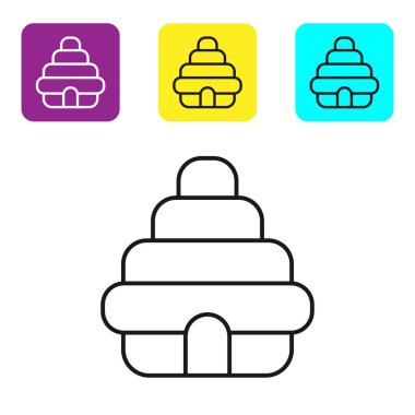 Beyaz arka planda izole arılar simgesi için siyah çizgi Hive. Arı kovanı sembolü. Apiary ve arıcılık. Tatlı doğal yemekler. Simgeleri renkli kare düğmeleri ayarlayın. Vektör İllüstrasyonu