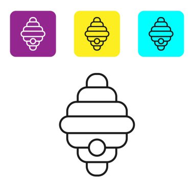 Beyaz arka planda izole arılar simgesi için siyah çizgi Hive. Arı kovanı sembolü. Apiary ve arıcılık. Tatlı doğal yemekler. Simgeleri renkli kare düğmeleri ayarlayın. Vektör İllüstrasyonu