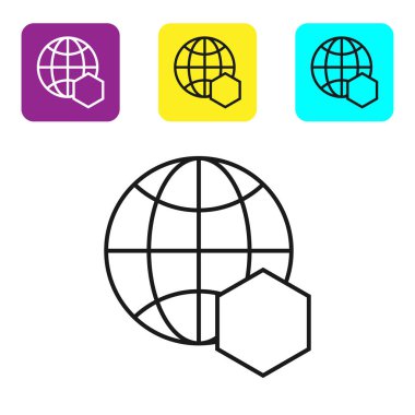 Beyaz arka plan üzerinde izole dünya simgesinin Siyah çizgi Petek haritası. Dünya arı günü. Kavram ekolojik olay. Simgeleri renkli kare düğmeleri ayarlayın. Vektör İllüstrasyonu