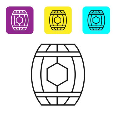 Beyaz arka plan üzerinde izole bal simgesi ile siyah çizgi Ahşap varil. Simgeleri renkli kare düğmeleri ayarlayın. Vektör İllüstrasyonu