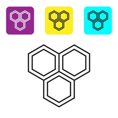 Siyah çizgi Petek simgesi beyaz arka plan üzerinde izole. Bal hücreleri sembolü. Tatlı doğal yemekler. Simgeleri renkli kare düğmeleri ayarlayın. Vektör İllüstrasyonu