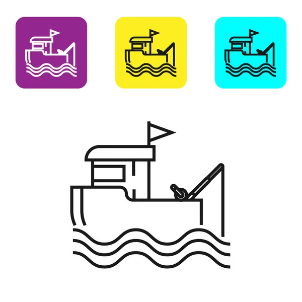 Zwarte lijn vissersboot met hengel op het water icoon geïsoleerd op witte achtergrond. Pictogrammen instellen kleurrijke vierkante knoppen. Vector illustratie — Stockvector