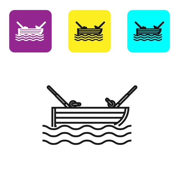 Zwarte lijn vissersboot met hengel op het water icoon geïsoleerd op witte achtergrond. Pictogrammen instellen kleurrijke vierkante knoppen. Vector illustratie — Stockvector