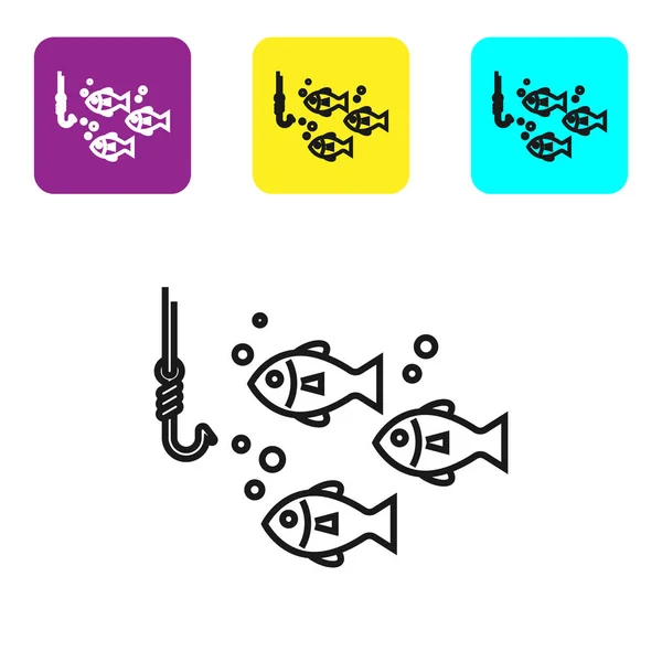 Schwarze Angelschnur Angelhaken unter Wasser mit Fisch-Symbol isoliert auf weißem Hintergrund. Angeln. setzen Symbole bunte quadratische Tasten. Vektorillustration — Stockvektor