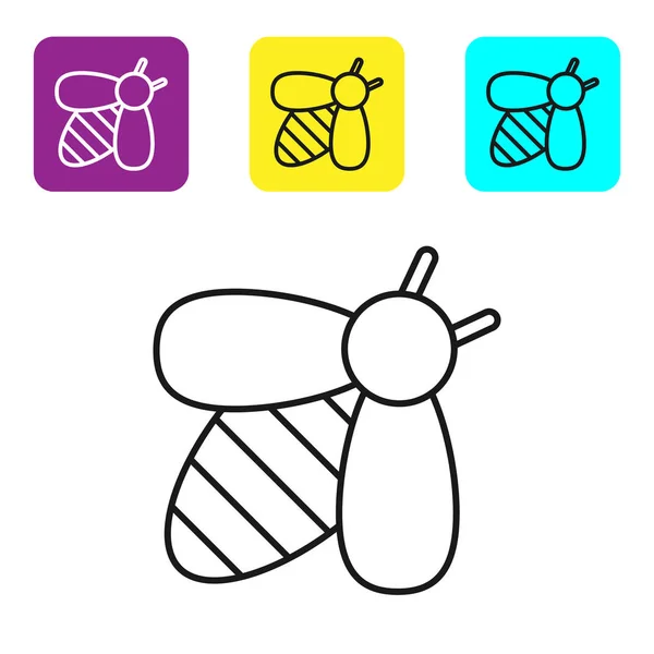 Чорна лінія Бджоли ізольовані на білому тлі. Солодка натуральна їжа. Медові бджоли або апсиди з символом крил. Літаюча комаха. Встановити кольорові квадратні кнопки піктограм. Векторна ілюстрація — стоковий вектор