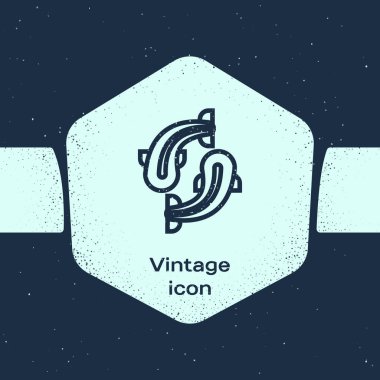 Grunge hattı Balık simgesi mavi arka plan üzerinde izole. Tek renkli vintage çizim. Vektör İllüstrasyonu