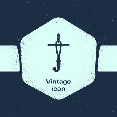 Grunge hattı Olta ve mavi arka plan üzerinde izole float simgesi. Olta takımı. Tek renkli vintage çizim. Vektör İllüstrasyonu