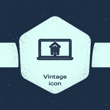 Grunge hattı Dizüstü bilgisayar ile akıllı ev simgesi mavi arka plan üzerinde izole. Uzaktan kumanda. Tek renkli vintage çizim. Vektör İllüstrasyonu