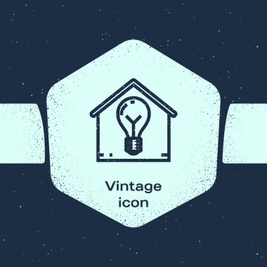 Grunge hattı Akıllı ev ve ampul simgesi mavi arka plan üzerinde izole. Tek renkli vintage çizim. Vektör İllüstrasyonu