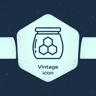 Grunge çizgi Jar bal simgesi mavi arka plan üzerinde izole. Yemek bankası. Tatlı doğal gıda sembolü. Tek renkli vintage çizim. Vektör İllüstrasyonu