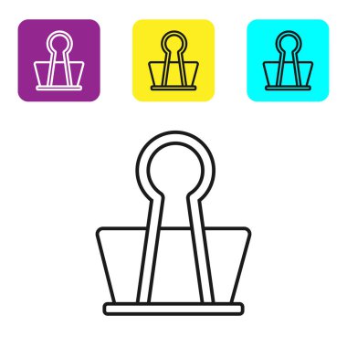 Beyaz arka planda yalıtılmış siyah çizgi Bağlayıcı klip simgesi. Ataş. Simgeleri renkli kare düğmeleri ayarlayın. Vektör İllüstrasyonu