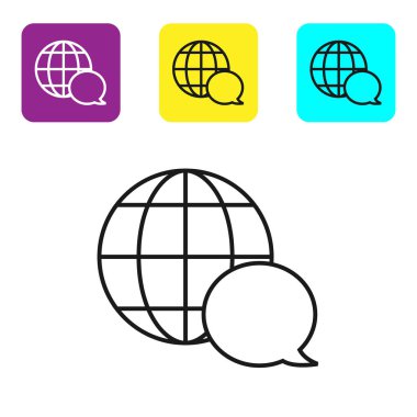 Siyah çizgi Beyaz arka plan üzerinde izole konuşma balonu simgesi nden yapılmış Dünya haritası. Dünya'daki küresel iletişim şeması. Simgeleri renkli kare düğmeleri ayarlayın. Vektör İllüstrasyonu