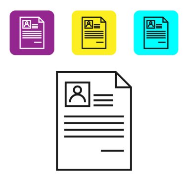 Siyah çizgi Beyaz arka planda yalıtılmış Özgeçmiş simgesi. Cv başvurusu. Profesyonel personel aranıyor. Analiz personel devam. Simgeleri renkli kare düğmeleri ayarlayın. Vektör İllüstrasyonu