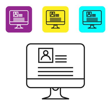 Beyaz arka plan üzerinde özgeçmiş simgesi olan siyah çizgi Bilgisayar monitörü. Cv başvurusu. Profesyonel personel aranıyor. Analiz personel devam. Simgeleri renkli kare düğmeleri ayarlayın. Vektör İllüstrasyonu