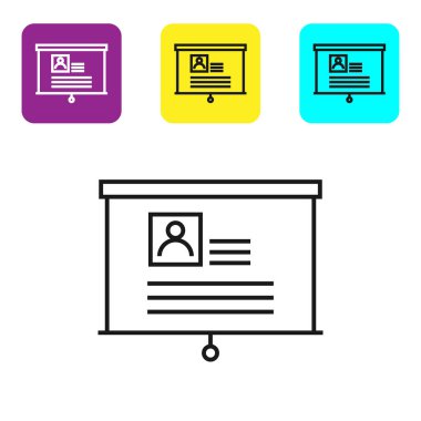 Beyaz arka planda izole edilmiş özgeçmiş simgesine sahip siyah çizgi panosu. Cv başvurusu. Profesyonel personel aranıyor. Analiz personel devam. Simgeleri renkli kare düğmeleri ayarlayın. Vektör İllüstrasyonu