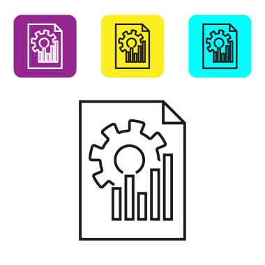Grafik grafik simgesi beyaz arka planda yalıtılmış siyah çizgi Belge. Metin dosyası simgesini bildirin. Muhasebe işareti. Denetim, analiz, planlama. Simgeleri renkli kare düğmeleri ayarlayın. Vektör İllüstrasyonu