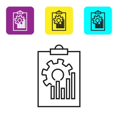 Grafik grafik simgesi beyaz arka planda yalıtılmış siyah çizgi Panosu. Metin dosyası simgesini bildirin. Muhasebe işareti. Denetim, analiz, planlama. Simgeleri renkli kare düğmeleri ayarlayın. Vektör İllüstrasyonu