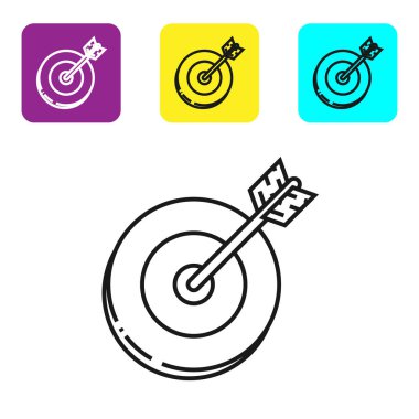 Beyaz arka planda yalıtılmış siyah çizgi Hedef simgesi. Yatırım hedef simgesi. Başarılı iş konsepti. Nakit veya Para işareti. Simgeleri renkli kare düğmeleri ayarlayın. Vektör İllüstrasyonu