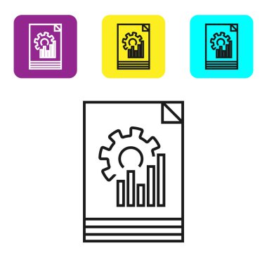 Grafik grafik simgesi beyaz arka planda yalıtılmış siyah çizgi Belge. Metin dosyası simgesini bildirin. Muhasebe işareti. Denetim, analiz, planlama. Simgeleri renkli kare düğmeleri ayarlayın. Vektör İllüstrasyonu