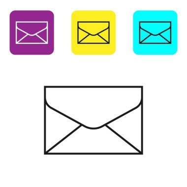 Beyaz arka planda yalıtılmış siyah çizgi Zarf simgesi. E-posta ileti mektubu simgesi. Simgeleri renkli kare düğmeleri ayarlayın. Vektör İllüstrasyonu