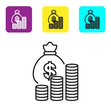 Siyah çizgi Para çantası ve sikke simgesi beyaz arka plan üzerinde izole. Dolar veya Usd sembolü. Nakit Bankacılık para birimi işareti. Simgeleri renkli kare düğmeleri ayarlayın. Vektör İllüstrasyonu