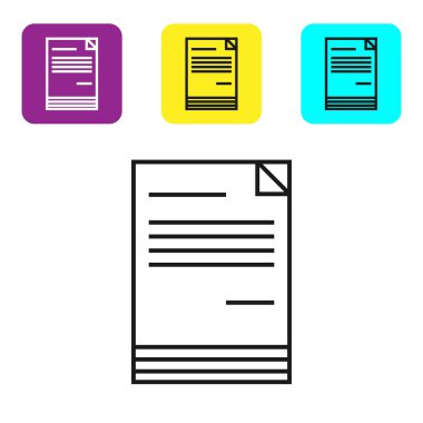 Beyaz arka planda yalıtılmış siyah çizgi Belge simgesi. Dosya simgesi. Denetim listesi simgesi. İş konsepti. Simgeleri renkli kare düğmeleri ayarlayın. Vektör İllüstrasyonu