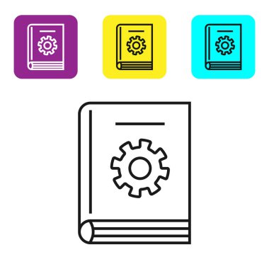 Siyah çizgi Beyaz arka planda yalıtılmış kullanım kılavuzu simgesi. Kullanım kılavuzu kitabı. Talimat işareti. Kullanmadan önce okuyun. Simgeleri renkli kare düğmeleri ayarlayın. Vektör İllüstrasyonu